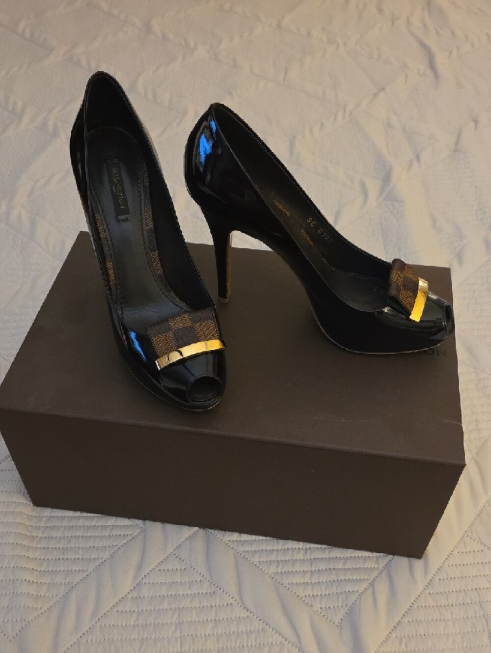 Louis Vuitton Dark Chocolate Patent Peep-Toe Pumps with Signature Canvas Bow